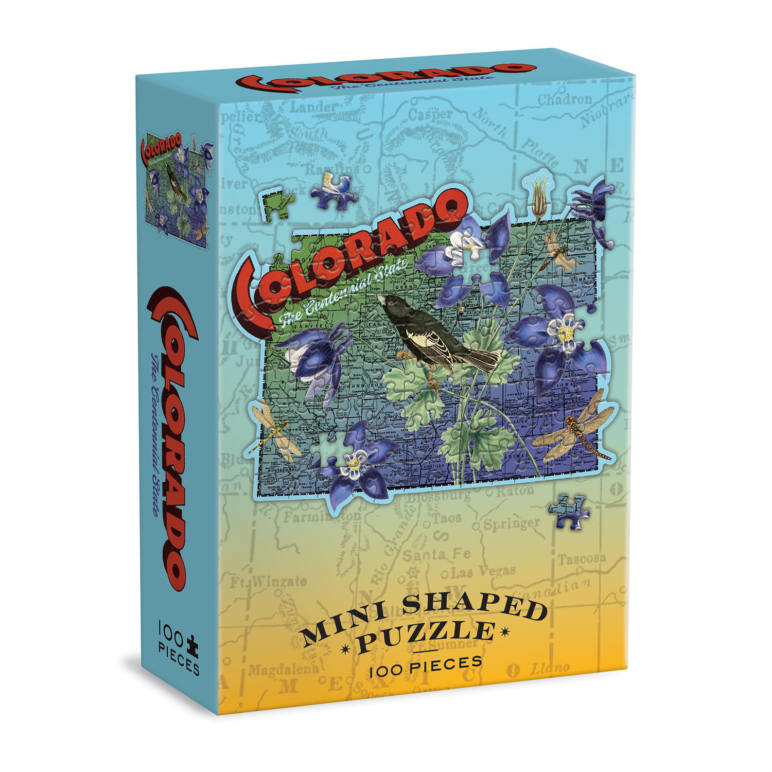 Box of colorado shaped mini 100 piece jigsaw puzzle featuring dragonflies, rocky mountain columbine and a lark bunting bird