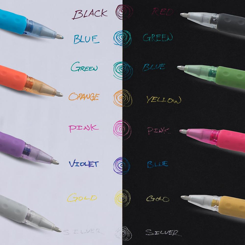 examples of how sparkle pop pentel glitter pens look on white and black paper