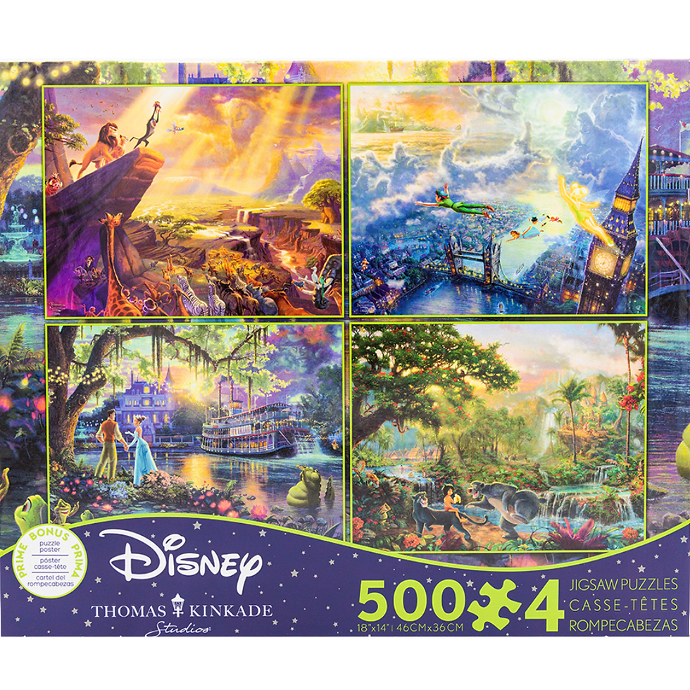 4 puzzle pack 500 pieces Disney Thomas Kinkade jigsaw puzzle each Lion King, Peter Pan, Princess and the Frog and Jungle Book