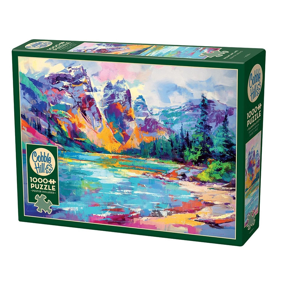 box of mountain lake puzzle of a vivid landscape with a turquoise alpine lake surrounded by canadian rockies mountains