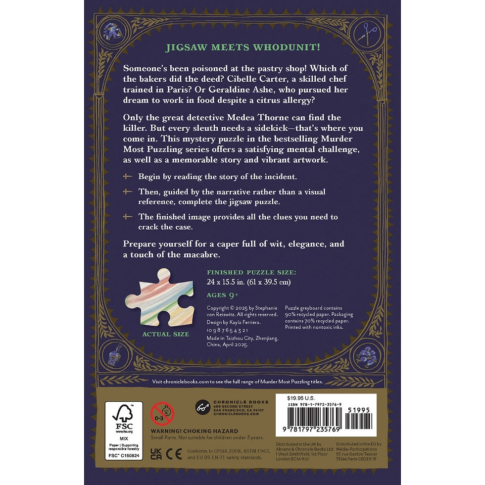 Thumbnail: Back of box of Murder Most Puzzling Poisoned at pastry shop jigsaw read story put together puzzle to solve ages 9+