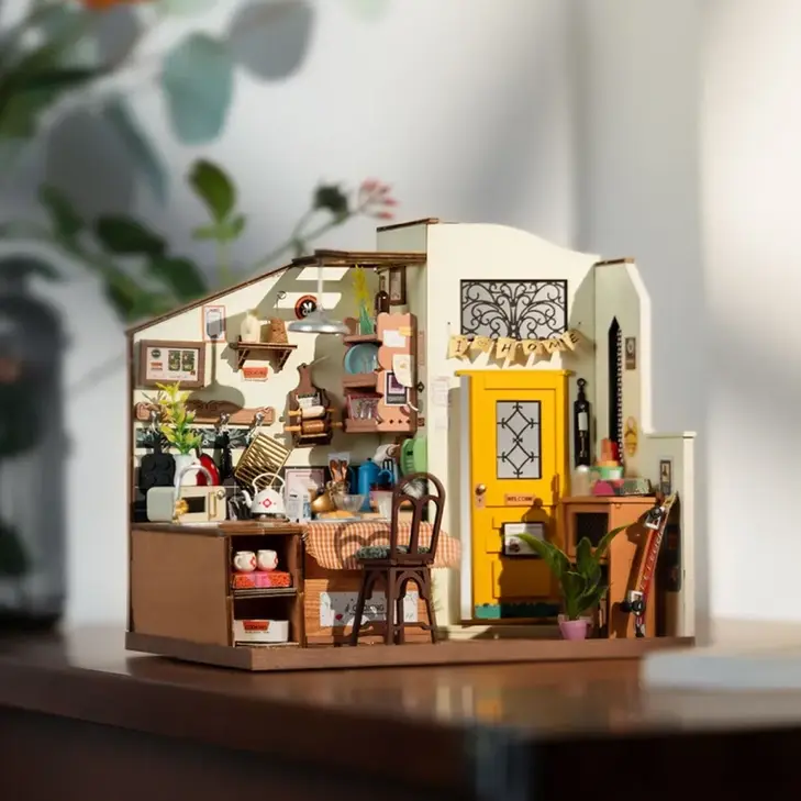 Thumbnail: Finished rolife cozy kitchen mini model doll house kit on a tabletop. features a retro scene with many small kitchen tools