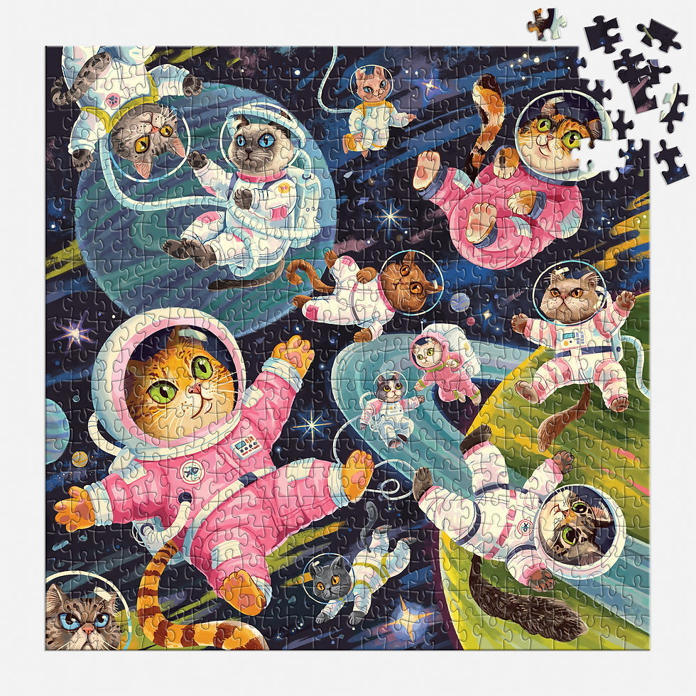 Thumbnail: nearly complete Space Meowdyssey 500 Piece jigsaw Puzzle of astronaught cats in space with planets