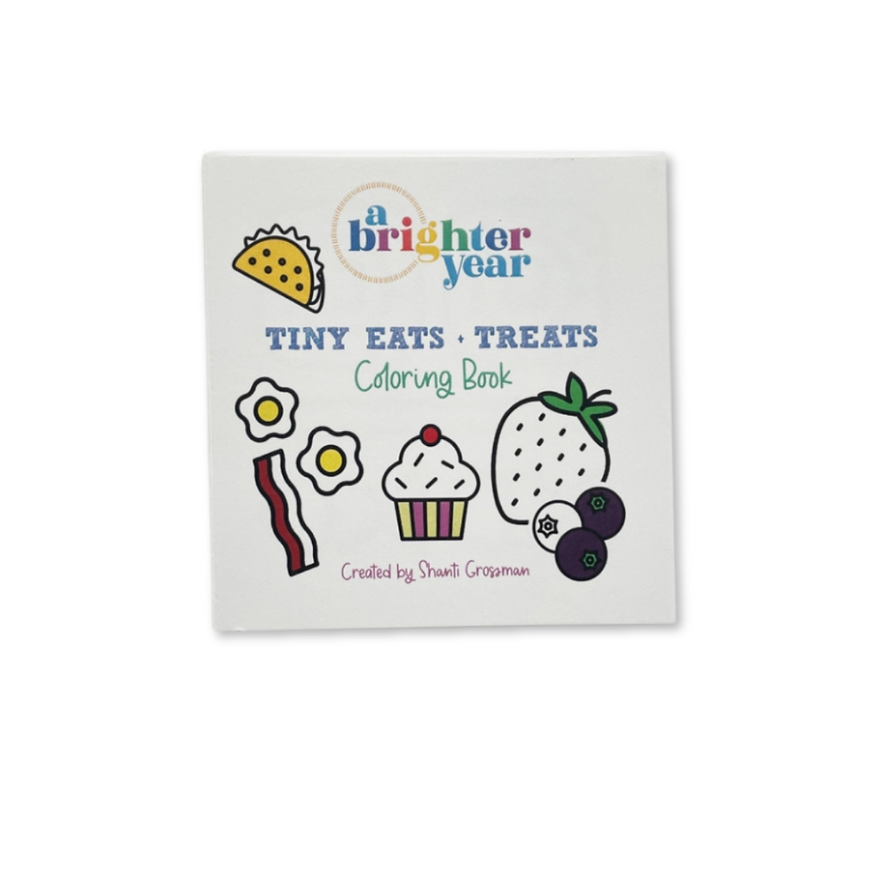 Thumbnail: cover of tiny eats and treats A brighter year mini coloring book with a strawberry, taco, bacon and cupcake