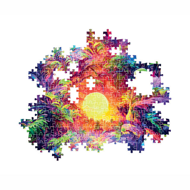 Thumbnail: In progress close up with perfect fit pieces Color bloom Psychedelic Jungle Sunrise 500 piece jigsaw puzzle