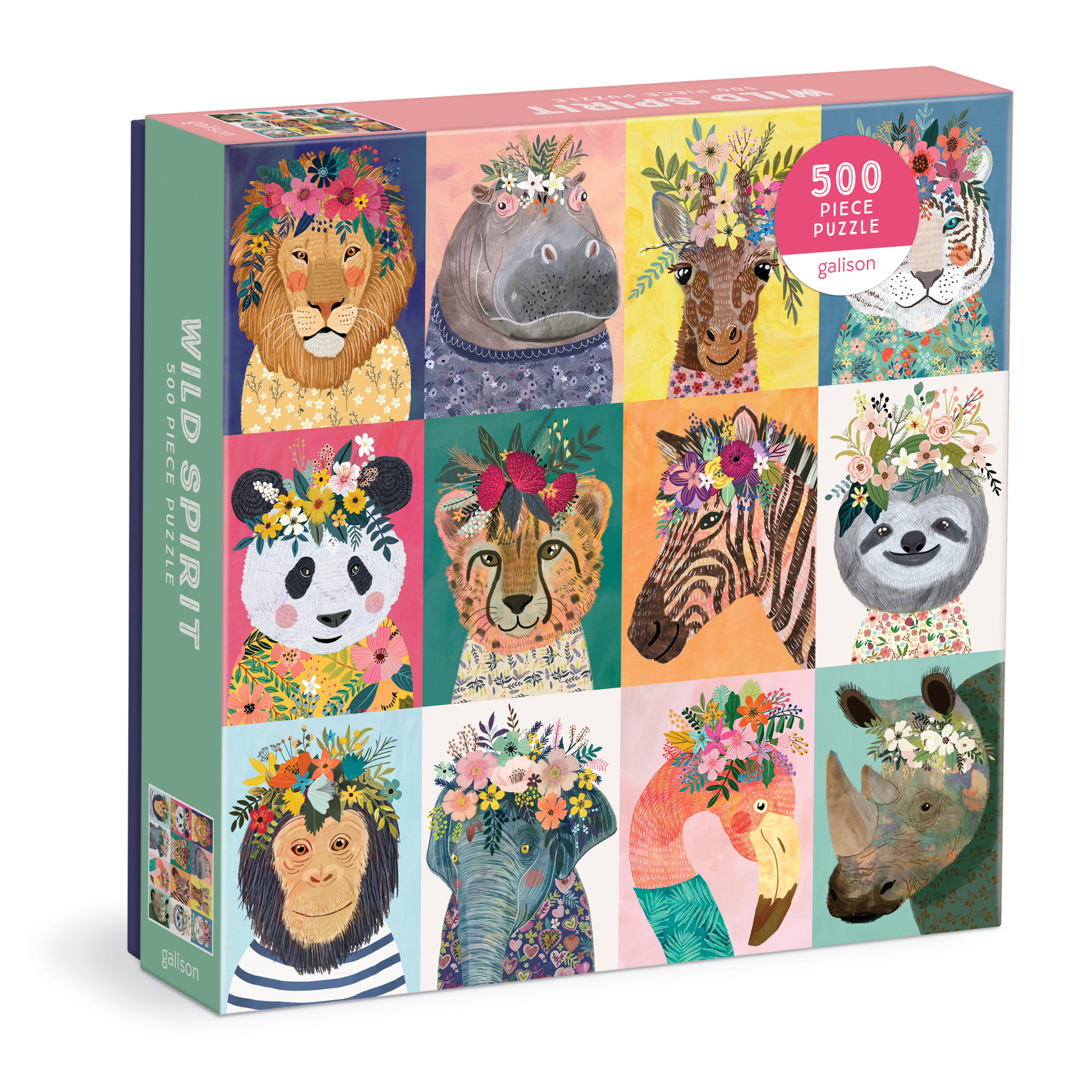 Box view of wild spirit 500 piece jigsaw puzzle with animals wearing flower crowns including lion, hippo, giraffe, panda