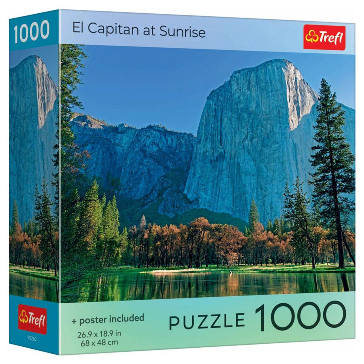 box of el capitan at sunrise 1000 piece jigsaw puzzle featuring Yosemite park cliffs, lake and trees at sunrise