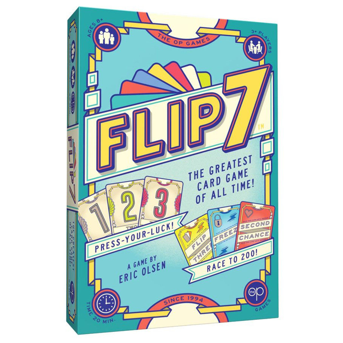 bbox of party card game flip 7. box is teal with examples of numbered and action-type cards