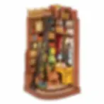 Thumbnail: Completed silent corner study library bookend DIY miniature dollhouse kit with tall bookshelves, a ladder and desk with led