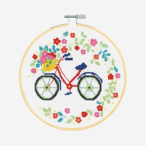 DMC Bicycle with flowers cross stitch kit in a hoop front view