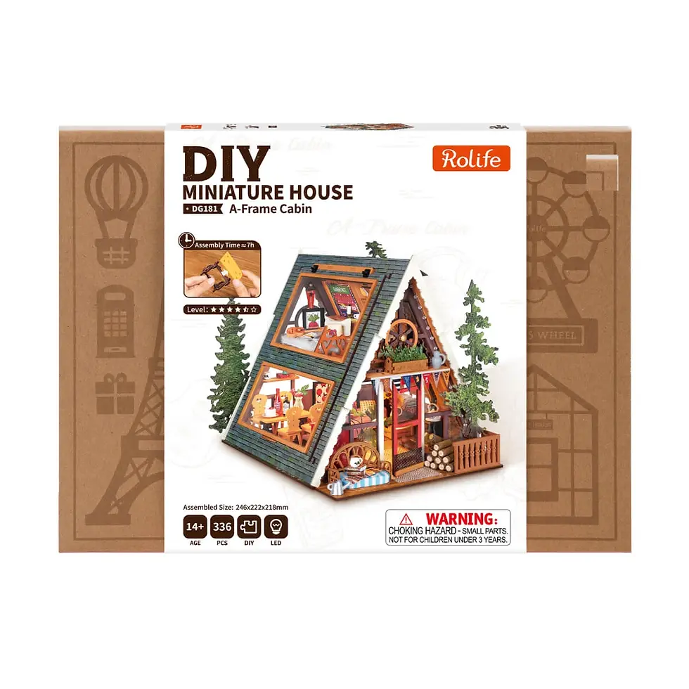 Thumbnail: Box view of Robotime A-frame cabin DIY kit showing 14+ ages, 336 pieces with LED light kit