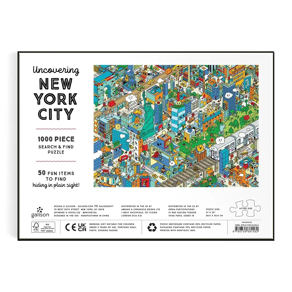 Back of box of Uncovering New York City 1000 piece jigsaw puzzle with a colorful cartoon-like new york cityscape with faces