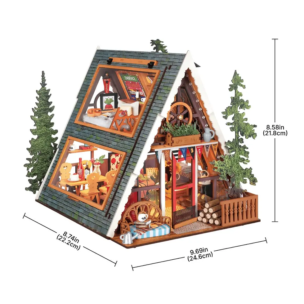 Thumbnail: A frame cabin kit on white background showing dimensions of finished kit at 8.74 inches deep, 9.69 in wide and 8.58 in tall