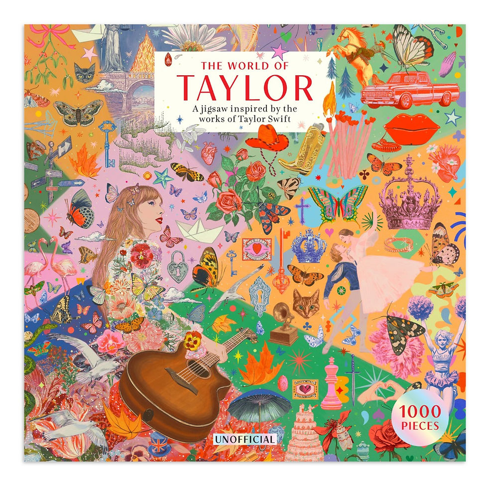 box front of the world of taylor swift unofficial jigsaw puzzle with various taylor references including butterflies, cats