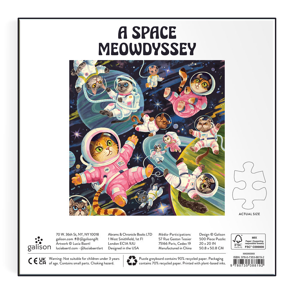 Thumbnail: back of box Space Meowdyssey 500 Piece jigsaw Puzzle of astronaught cats in space with planets