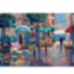 poster of rainy day stroll 1000 piece puzzle of a parisian corner with flower stand, eiffel tower, a person walking a dog