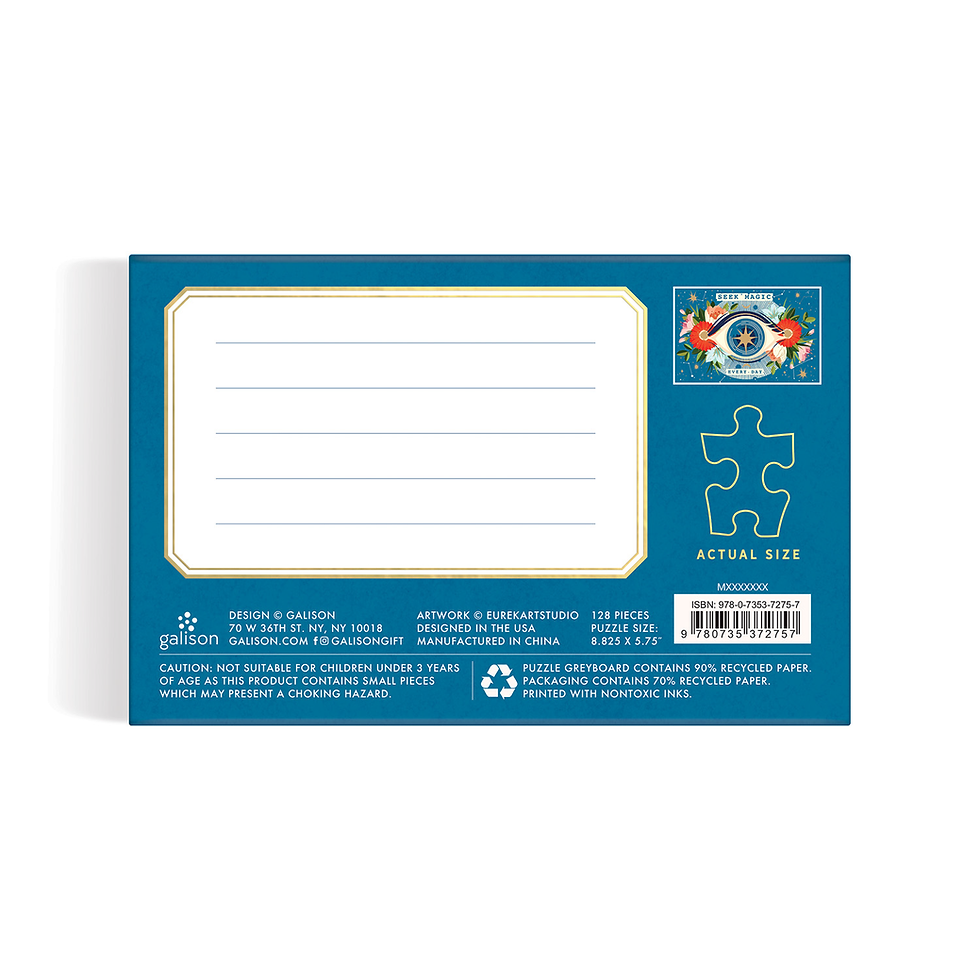 Thumbnail: back of box of galison 128 matchbox mini puzzle for travel that says seek magic every day