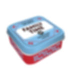 Tin for after dinner amusements cards for family time. lid of tin is light blue and bottom is red