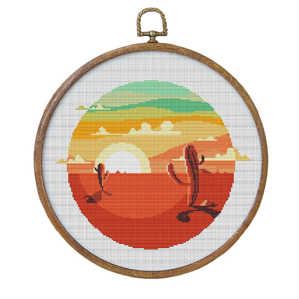 DIY Desert scene with sunset and cacati cactus cross stitch kit in a faux wooden hoop