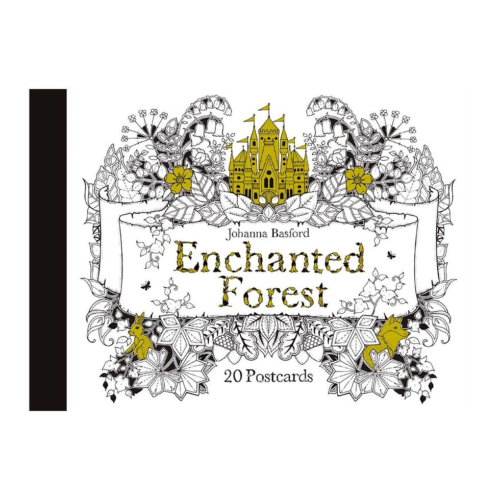 Front of postcard booklet of enchanted forest themed color in post cards to send with magical fantasy and floral drawings