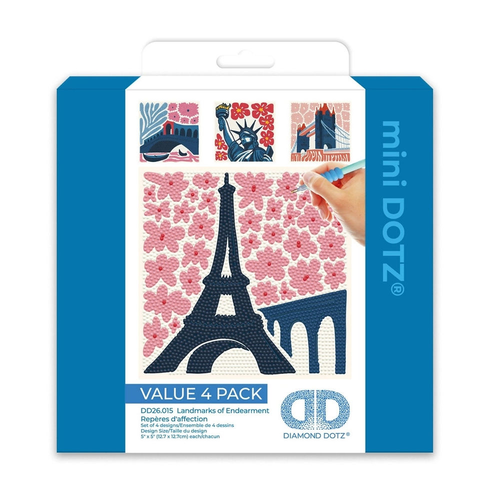 package of mini diamond dotz kit of 4 landmarks with venice, eiffel tower, london's tower bridge and the statue of liberty