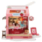 Compeleted strawberry milk box miniature kit with a spilled milk checkout counter, take out window, menus, register and sign