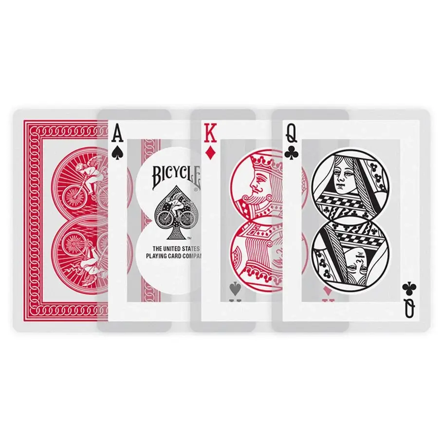 4 clear plastic waterproof playing cards, showing the red and white backing design, an Ace, King, and Queen for pool, camping