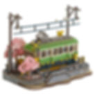 Completed Sakura Journey train 3D wooden DIY Miniature puzzle kit of a Japanese tram during cherry blossom season