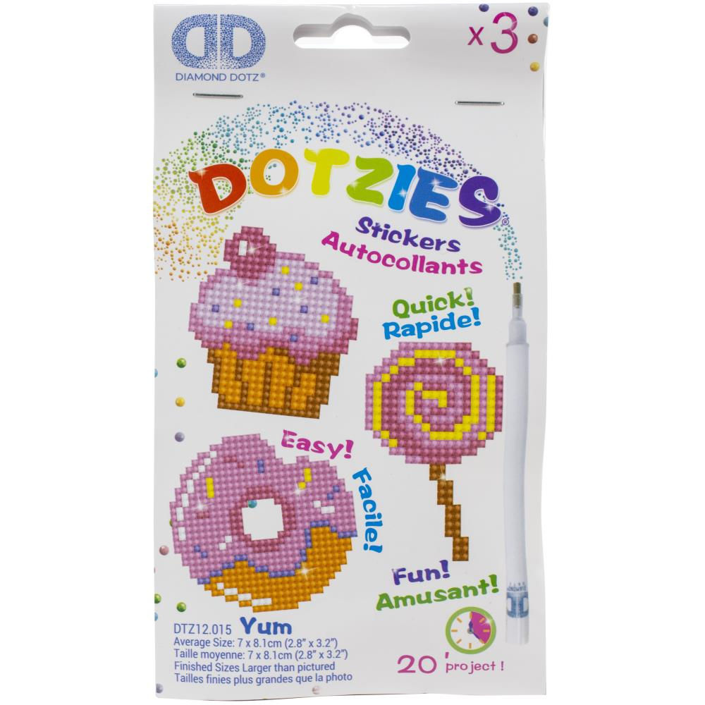 Packaing of Diamond Dotz stickers with a cupcake donut and lollypop