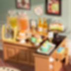 Close up of self-serve station with cakes, macarons, cupcakes, tea in dispensers