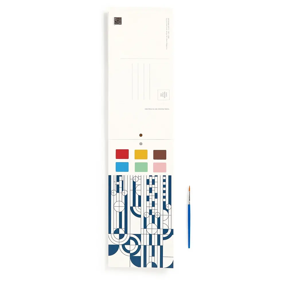 Thumbnail: A Frank Lloyd Wright-inspired paint-in postcard with geometric design in navy blue lines. Above the design, six paints