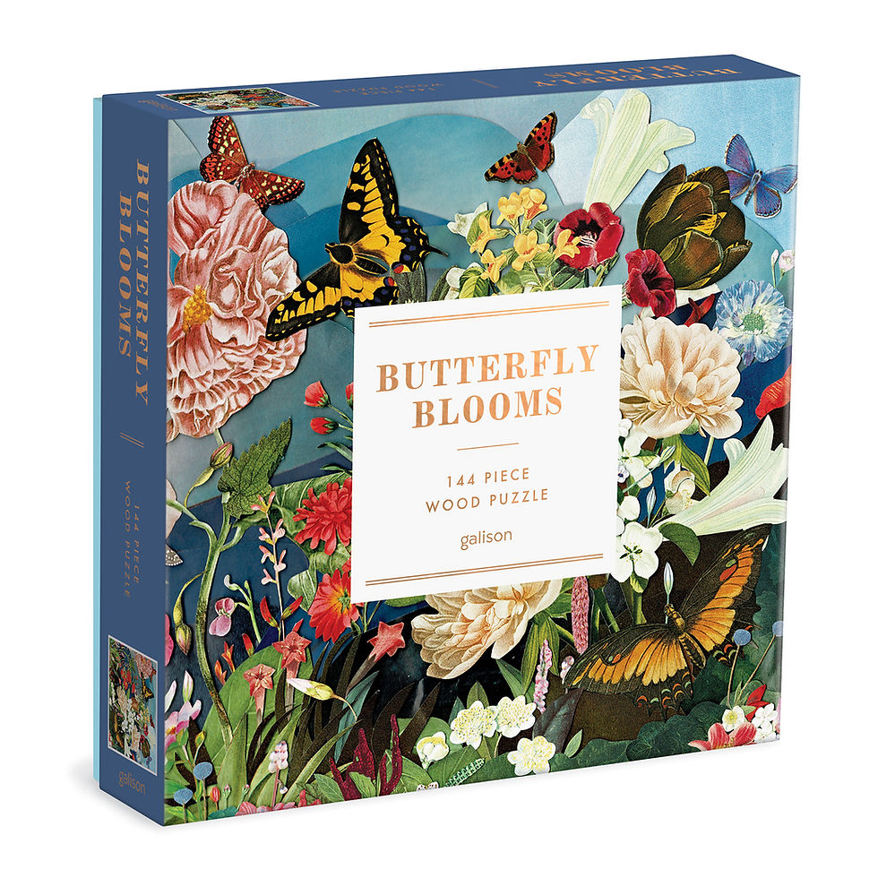 Box view of butterfly blooms 144 piece wood puzzle with vibrant butterflies and flowers with a blue background