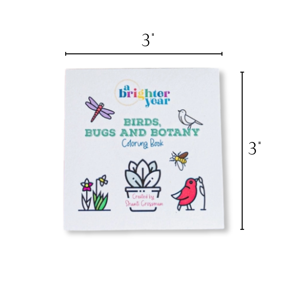 Thumbnail: cover of birds bugs and botany coloring book with markings showing it is 3 inches by 3 inches