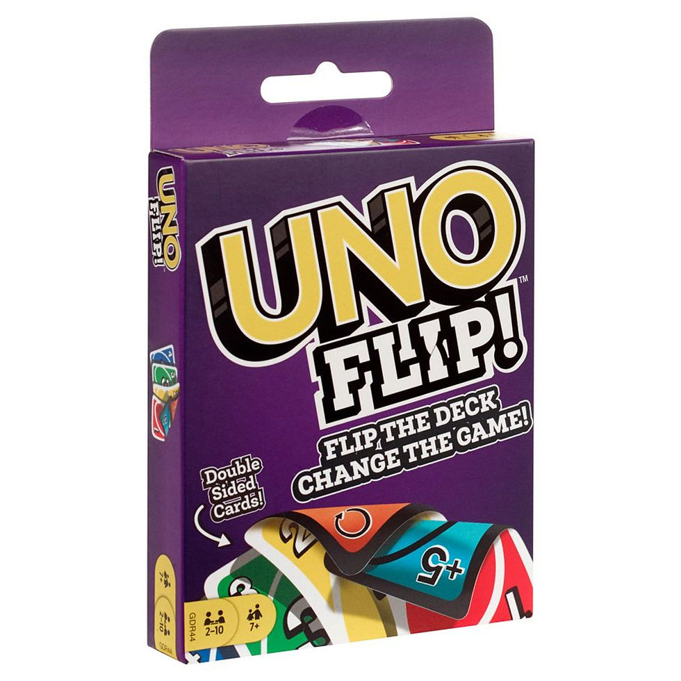 box of the card game UNO Flip. it is a purple box with a hand of cards showing they are doubble sided cards