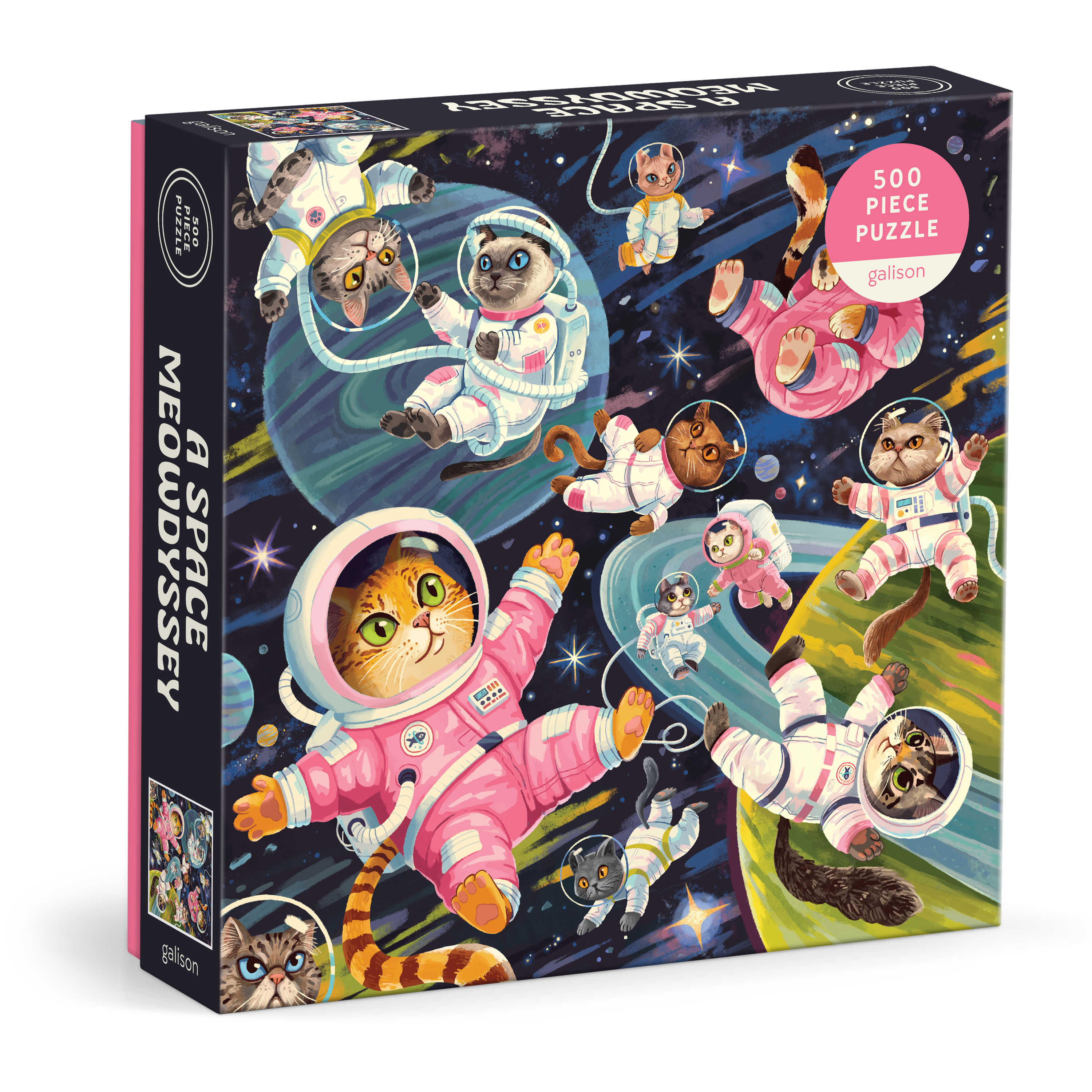 angled box view of Space Meowdyssey 500 Piece jigsaw Puzzle of astronaught cats in space