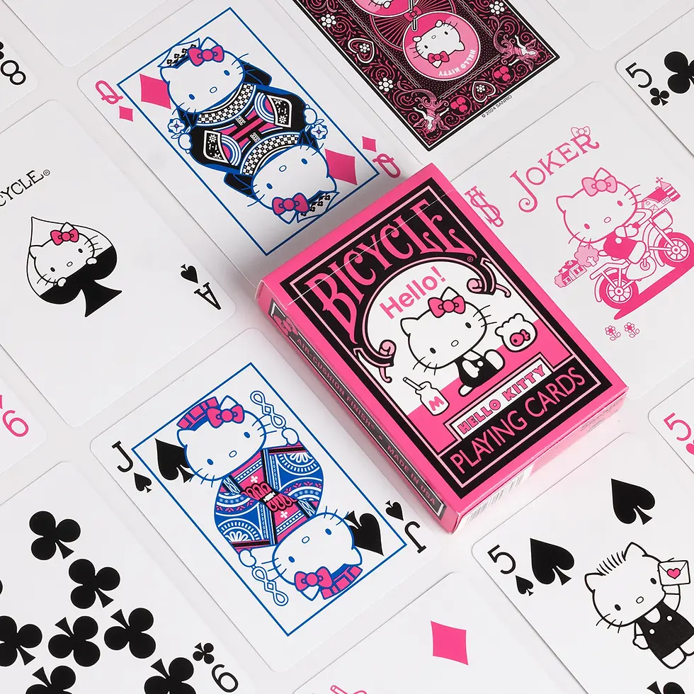 layflat of black and pink hello kitty bicycle playing cards with several cards including jack and queen card with kitty faces