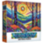 box view of a stained glass puzzle of a colorful landscape with trees, fields, mountains and a setting sun 300 pieces jigsaw