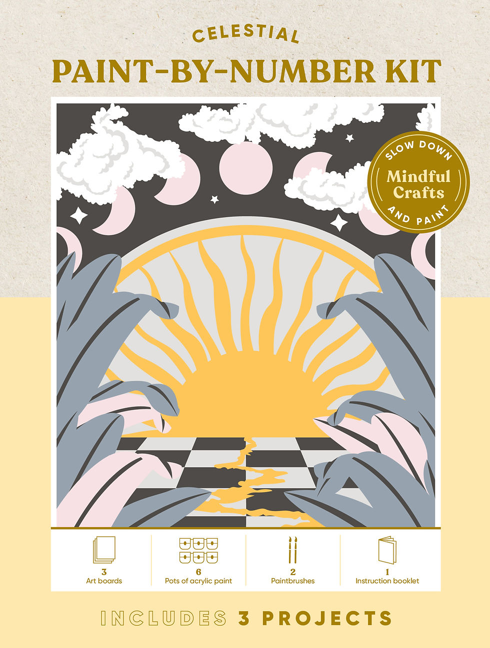 Thumbnail: Box view of celestial paint by number set of 3 featuring geometic celestial designs in light pink, yellow, gray and black