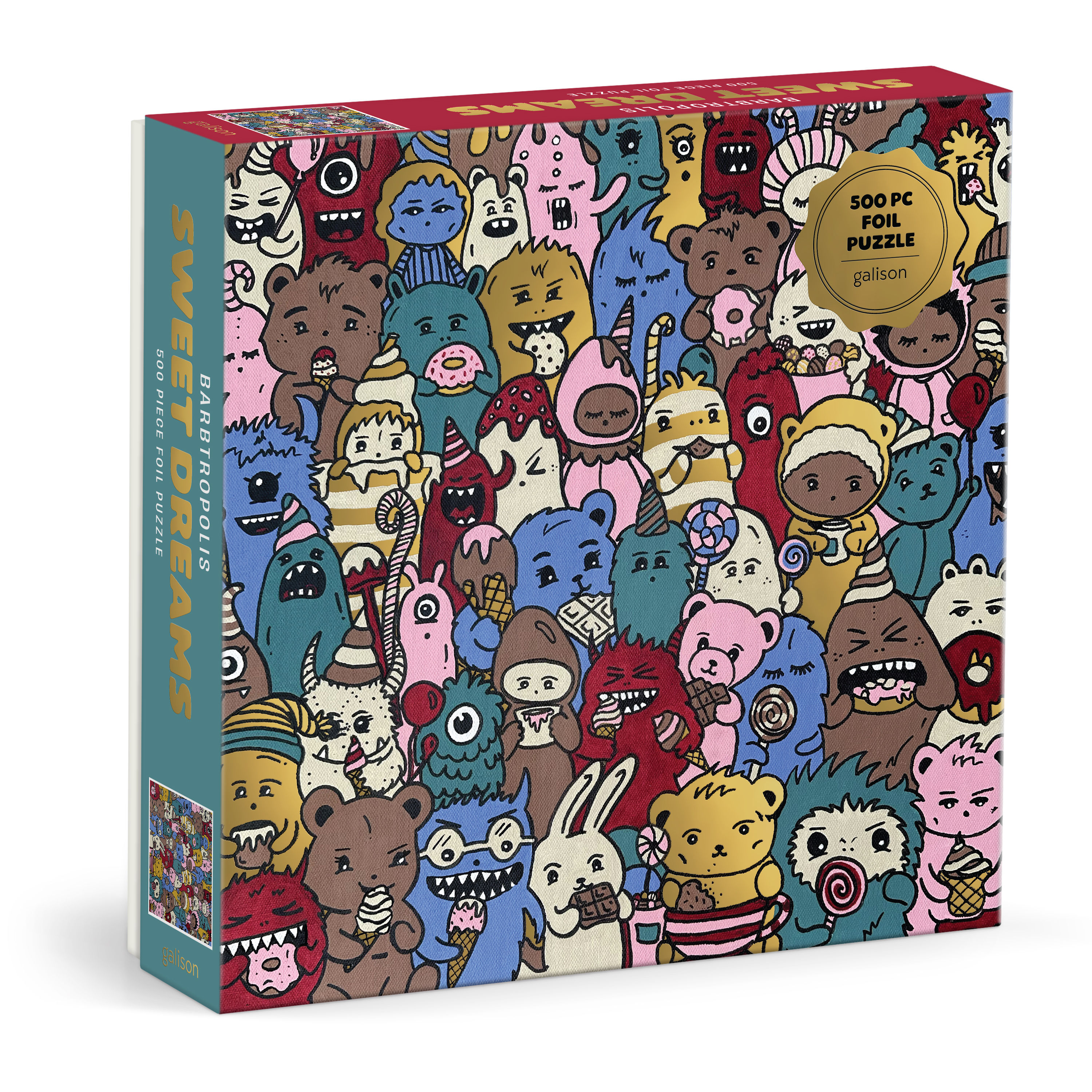 angled box of Barbtropolis Sweet Dreams 500 Piece Foil Puzzle with colorful bears and monsters eating candy and ice cream