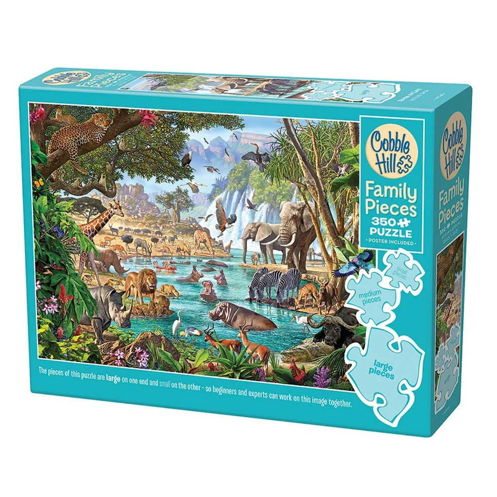 Box of 350 piece jigsaw puzzle river of life showing african animals and three piece sizes for different ages and experience