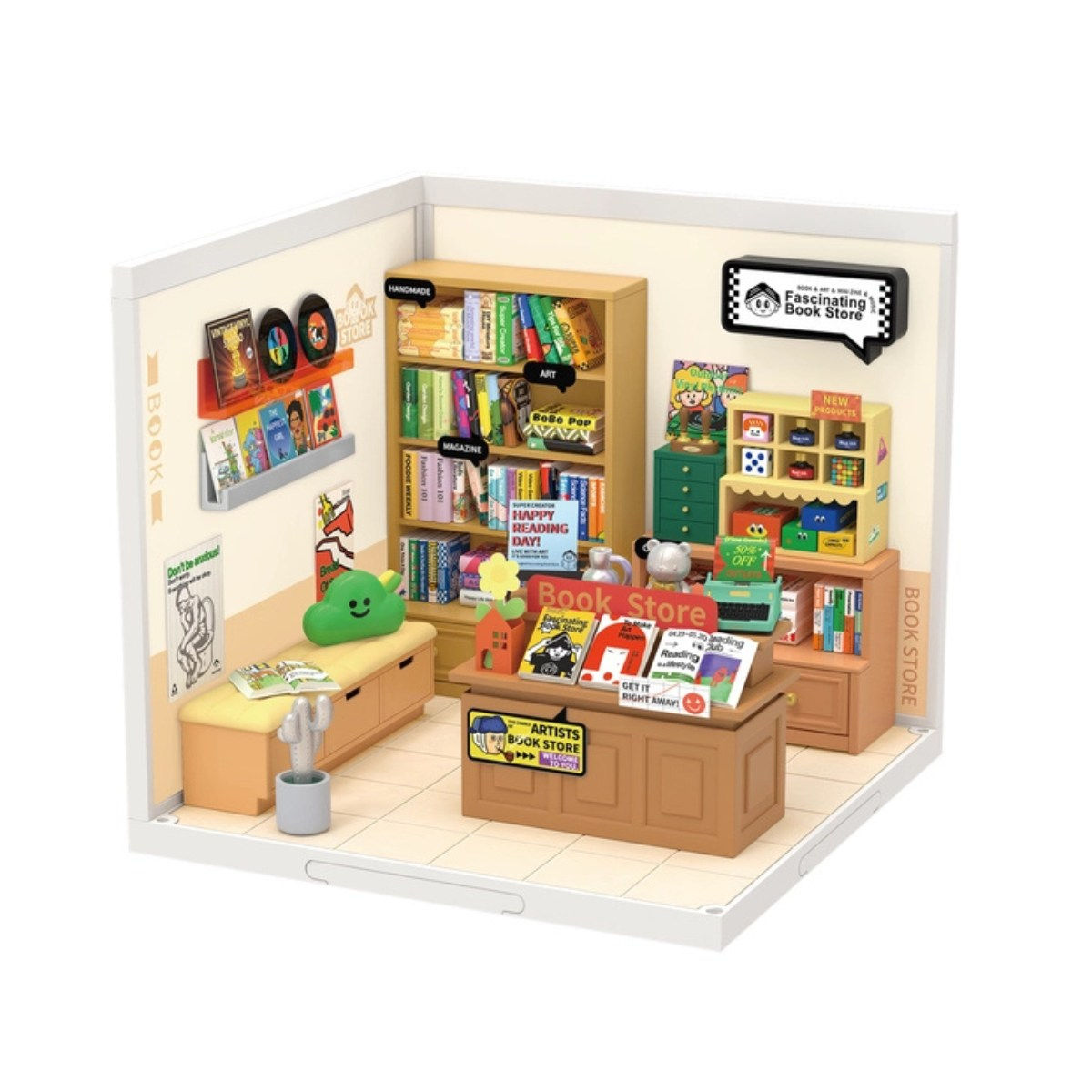 completed fascinating bookstore diy miniature kit of a book and record shop with 90's aestetic
