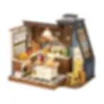 View of completed baking kitchen miniature dollhouse model kit by rolife robotime with retro design and small details