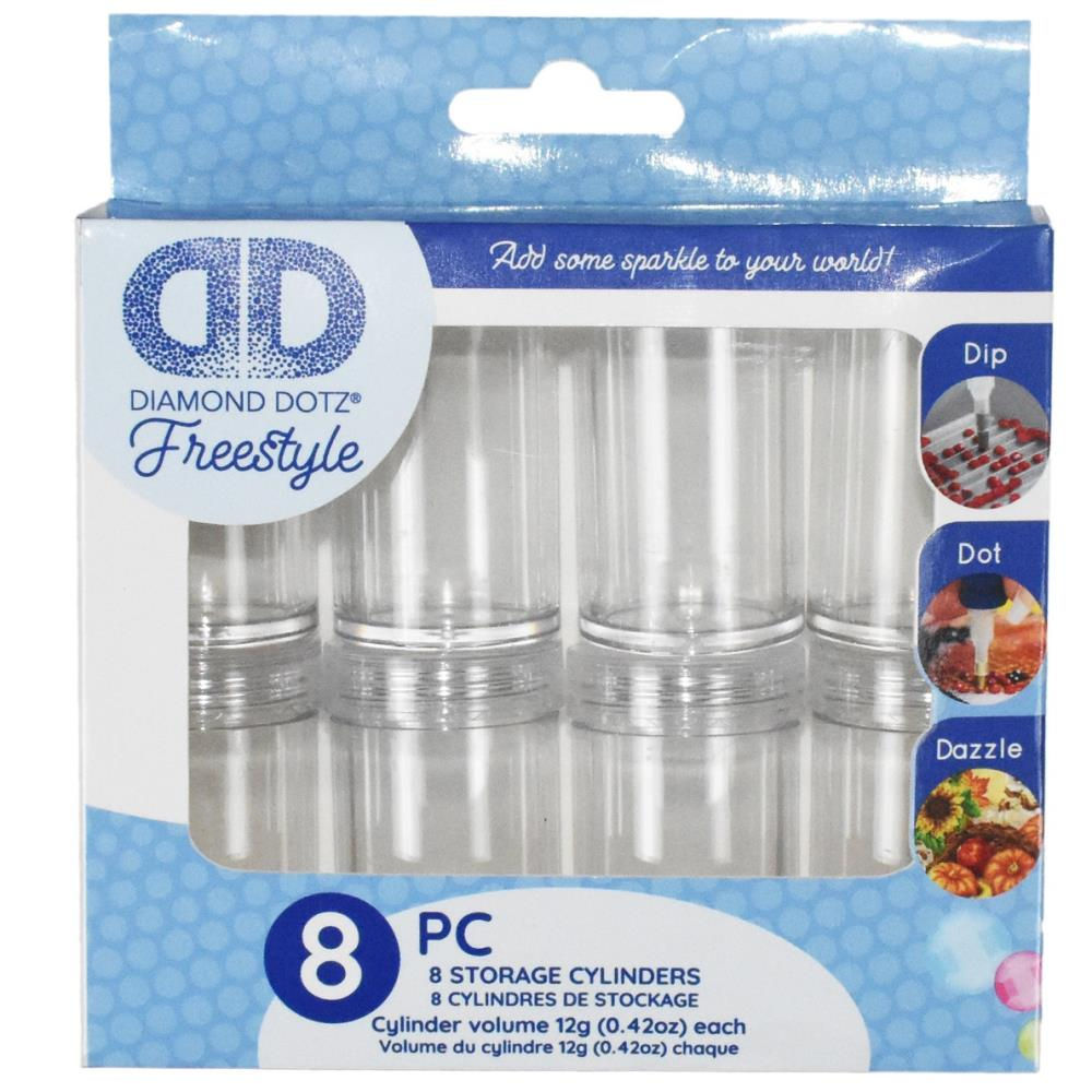 8 emtpy storage cylinders by diamond dotz in packaging for diamond art painting organization volume is 12 grams or .42oz each