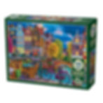 box of cobble hill 1000 piece jigsaw puzzle of a canal scene at sunset with a bicycle, outdoor dining and dutch homes