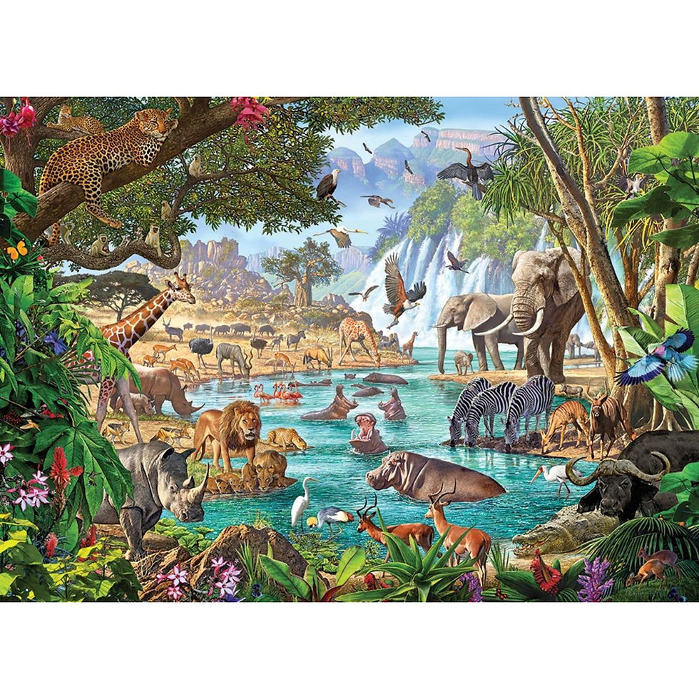 poster of river of life family 350 puzzle of animals at a watering hole including leopard, giraffes, elephants, hippos