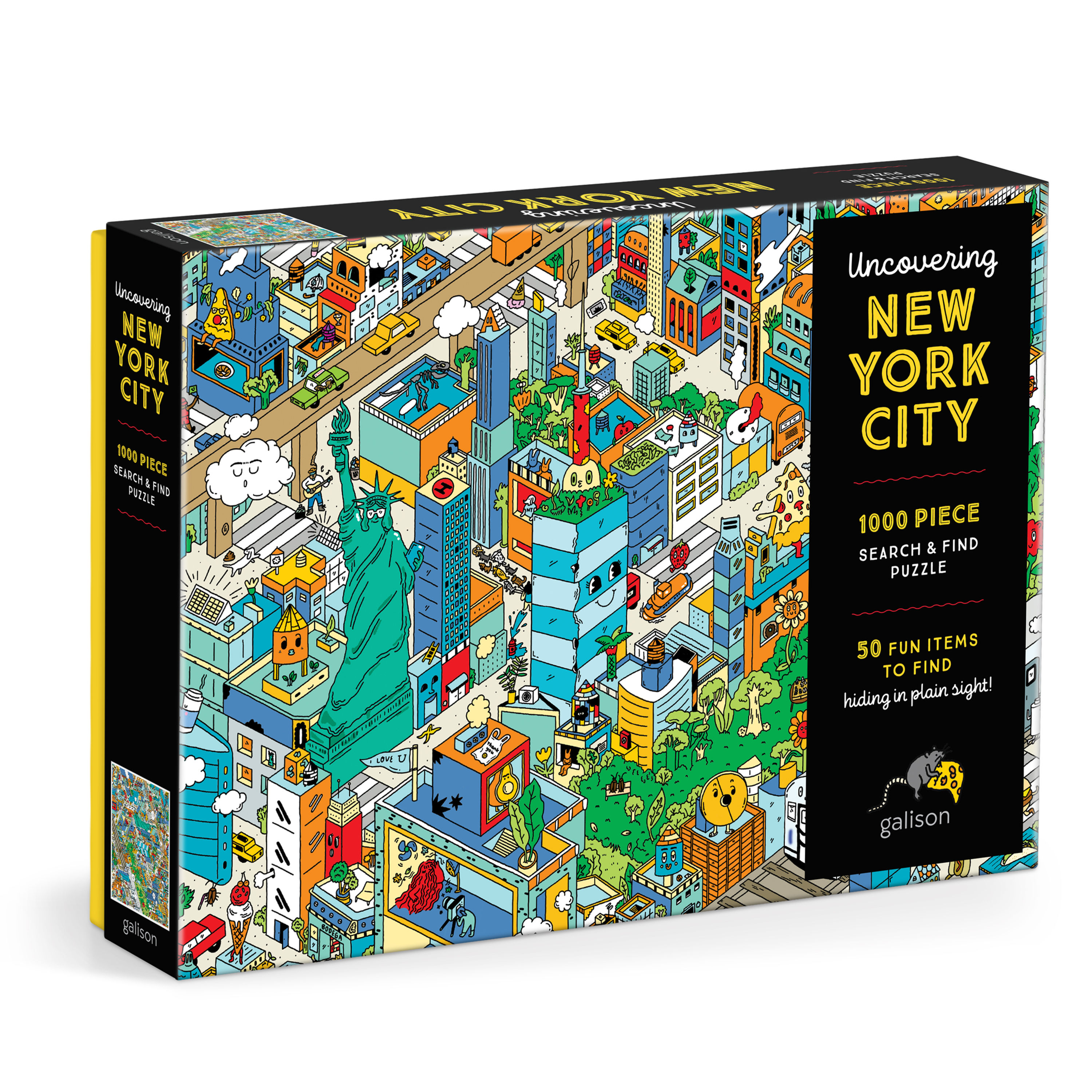 Box of uncovering New York City 1000 piece jigsaw puzzle with a cartoon-like new york cityscape with 50 items to find