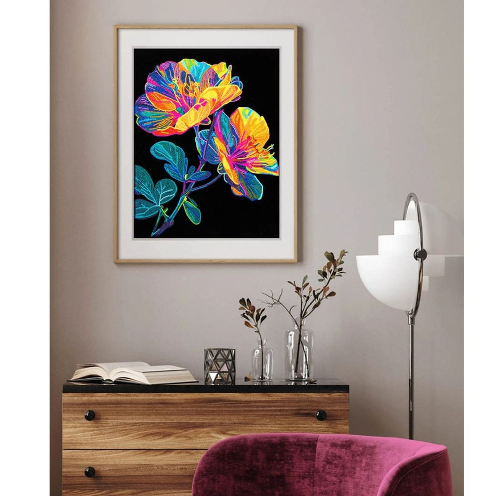 finished and framed neon flower diamond art kit with black velvet flocking on a wall in a living space
