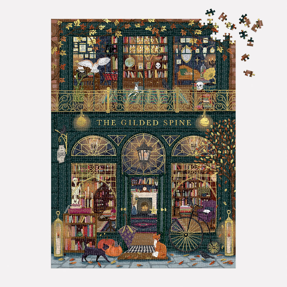 nearly complete guilded spine 1000 Piece Foil Puzzle with a spooky authum bookshop exterior with top right corner undone