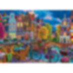 poster of cobble hill 1000 piece jigsaw puzzle of a canal scene at sunset with a bicycle, outdoor dining and dutch homes