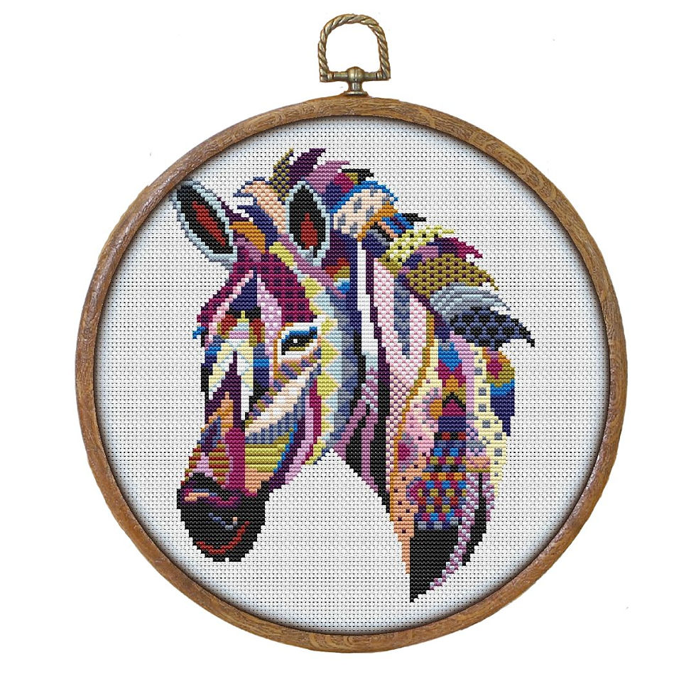Finished modern and colorful mandala zebra counted cross stitch kit in a faux wood frame